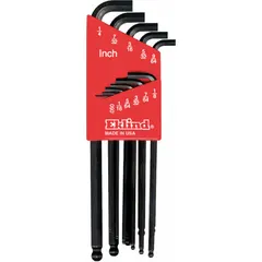 L-shaped hex key set containing 15 pieces with a black finish. Includes stubby, ball-end, and standard L-keys in both metric and SAE sizes. The ball-end design allows angled access, while stubby keys provide clearance in confined spaces. Suitable for tightening or loosening hex socket screws in maintenance and repair tasks.