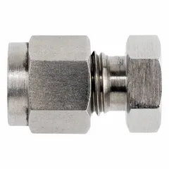 Compression cap for sealing the end of 5/16 in OD tubing in fluid systems. Constructed from stainless steel for corrosion resistance. Part of the NS2408 series, clean and bagged for critical applications.