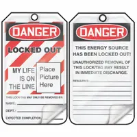 This lockout tag is made of RP-Plastic and printed in English with the legend 'Danger, Locked Out Device'. It includes writable fields for department, expected completion, and worker name. Used in lockout/tagout procedures to indicate equipment is under maintenance or repair