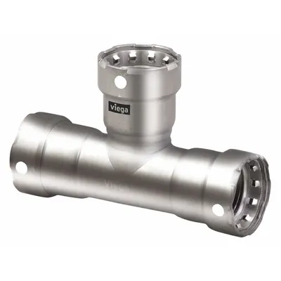 VIEGA MEGAPRESS Crimp Tee Fitting: 1 in Pipe x 1 in Pipe x 1/2 in Pipe Size - Stainless Steel Press Fittings