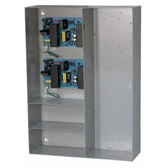Power supply board with steel enclosure providing 24VDC output at 10A continuous (20A maximum). Accepts 115V AC input. Used to power security, access control, and industrial automation systems requiring regulated DC power.