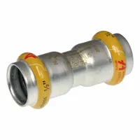 This APOLLO SmartPress coupling fitting is used to join two 1-inch pipes in gas piping systems. It features a press-fit x press-fit connection and an HNBR seal for leak-resistant joints. Constructed from stainless steel, it is suitable for commercial and industrial gas applications