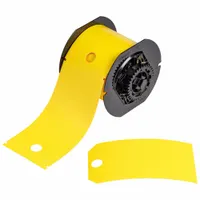 Yellow polyester precut tag roll with 100 tags per roll, each measuring 5 3/4 in x 3 1/4 in. Suitable for indoor and outdoor use. Compatible with S3700 printer series. Used for industrial identification, asset tagging, safety warnings, and pipe marking