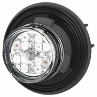 Permanent-mount perimeter warning light with clear lens and blue/red output. Operates on 12 to 24V, draws 6.6 W, and offers 69 flash patterns. SAE Class 1 rated for high-visibility warning on emergency vehicles
