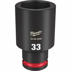 This 1/2" drive impact socket is designed for heavy-duty fastening tasks. The 33 mm metric size and 6-point deep profile provide secure engagement on stubborn bolts. A friction retention mechanism ensures secure attachment to impact tools. The black phosphate finish offers corrosion resistance.