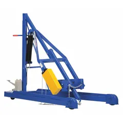This hydraulic drum dispensing stacker is designed for vertical handling of 55-gallon metal drums. It features a steel housing, chain drum securing mechanism, and casters for portability. With an 800 lb weight capacity and 97.56-inch vertical lift, it is suited for lifting and positioning drums in industrial environments.