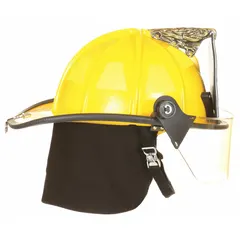This fire helmet features a yellow fiberglass shell with a traditional rear brim. It includes a 6-point ratchet suspension and a chin strap. Designed for structural firefighting and rescue operations, the helmet provides impact protection and heat deflection.