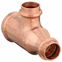This VIEGA PROPRESS press tee fitting is made of copper or bronze and features a Dimple Center Stop for proper insertion depth. It connects 1 1/4 in CTS tubing to two 1 in CTS branches, used in plumbing and mechanical systems for branch connections in copper or bronze tubing