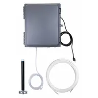 Stainless steel foam-dispensing entryway sanitizer for automatic application of sanitizing foam. Operates on 120 V AC, with 1/2 in drain connection and external water connection. Suitable for use in facilities requiring contamination control at entrances