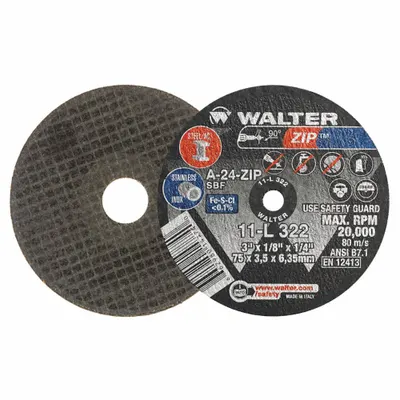 WALTER SURFACE TECHNOLOGIES Abrasive Cut-Off Wheel: Type 1, 3" x 1/8" x 1/4", Aluminum Oxide, 24 Grit - General Purpose Cut-Off Wheels for Carbon & Stainless Steel