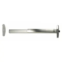 Rim-type exit device with touchbar bar style and night latch outside trim. Chrome finish. Designed for doors up to 3 ft wide. ADA compliant for commercial egress applications.