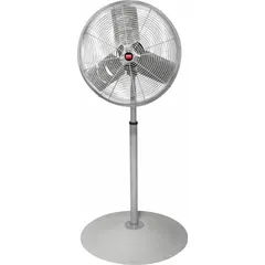 Industrial pedestal fan with 30-inch blade diameter, powered by a 1/2 hp motor on single-phase 115V AC. Two-speed operation provides adjustable airflow for general air circulation in workshops, factories, and warehouses. Non-oscillating design directs airflow continuously in one direction.