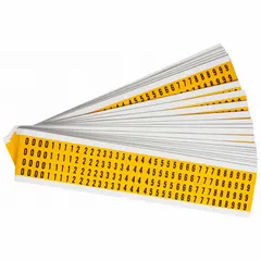 Character set includes numbers 0 to 9 in Gothic font, black characters on yellow background. Non-reflective labels suitable for indoor and outdoor use. Each character is 1/4 in height. Pack of 25.