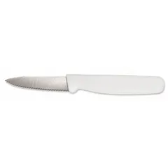 This paring knife features a serrated steel blade and a white polypropylene handle. With a 3 1/2 in overall length, it is suited for cutting, peeling, and trimming tasks in food preparation. NSF Certified.