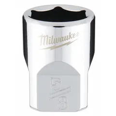 This MILWAUKEE anti-roll hand socket features a 3/8 in drive and 5/8 in socket size with a 6-point configuration. The chrome finish resists corrosion. It is designed for tightening or loosening hex fasteners in automotive and general maintenance tasks.
