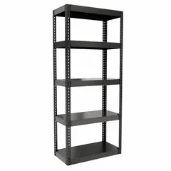 This extra-heavy-duty boltless shelving unit from HALLOWELL features a black powder-coated steel frame with open side panels, angle beam profile, and solid steel decking. It supports a maximum post load capacity of 6,000 lb with beams evenly spaced at 21 in. Suitable for industrial storage applications requiring high load capacity.