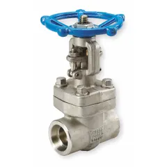 This SHARPE gate valve features a 316L stainless steel bonnet and a 316 stainless steel wedge, with a rising stem and wheel handle. It has a 1 in socket x socket connection and a CWP rating of 1,120 psi. Suitable for on/off flow control in piping systems requiring a compact, leak-tight joint.