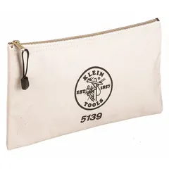 This canvas flat zippered tool bag in tan measures 12-1/2 inches wide by 3/4 inch deep by 7 inches high. It has no inside pockets and includes one bag. Suitable for carrying small tools, fasteners, or personal items in a compact, organized manner.