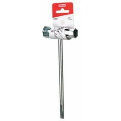 Combination tool with 13 mm and 19 mm sockets and a flathead screwdriver for adjusting chain tension on chainsaw bars. Used for routine maintenance to keep the chain properly tensioned during cutting operations.