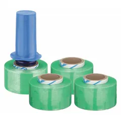 Handle with Brake Stretch Wrap for bundling, securing, and protecting pallet loads or irregular items during storage and shipping. Each roll is 3 inches wide by 1,000 feet long, 80 ga gauge, in green. Sold in a 4-pack.