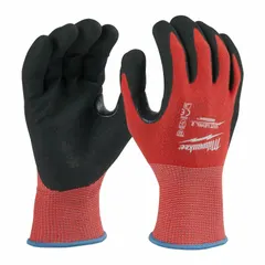 ANSI Cut Level A2 light-duty cut-resistant gloves with nitrile palm dip on a 15-gauge red nylon knit. Touchscreen compatible with reinforced thumb crotch. Sold as a 12-pack with left and right hand styles. Suitable for assembly, light fabrication, and general material handling.