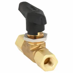 Brass straight ball valve with 1/4 in FNPT connections and standard port. Lever-operated for on/off flow control in low-pressure fluid and gas systems. Suitable for instrumentation, hydraulic, and pneumatic applications requiring reliable shutoff.