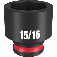 This 3/8" drive impact socket features a 15/16 in SAE hex size with a 6-point design. The black phosphate finish provides corrosion resistance. It is used with impact wrenches for fastening and loosening fasteners in automotive, industrial, and maintenance applications.
