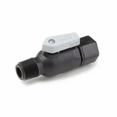 This manual two-way ball valve features a polypropylene body and full-port ball port for minimal pressure drop. It has a straight configuration with sweat x MNPT end connections and a lever handle. Suitable for use in potable water and food processing lines requiring sanitary shut-off.