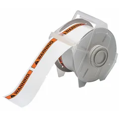 Vinyl precut label roll with WARNING header and acrylic adhesive. Available in two sizes: 2 1/4 in x 3 1/4 in and 3 1/4 in x 2 1/4 in. Compatible with GlobalMark printer series. Used for industrial safety identification on equipment, pipes, or areas requiring clear warning labels.