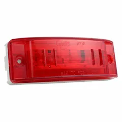 Rectangular LED clearance light with red lens, screw mount, and male pin connector. SAE P2 rated for use as a clearance or marker lamp on vehicles to indicate width and height.