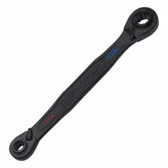 Steel wrench with black phosphate finish. Double-end, 12-point, ratcheting box end design. Head sizes: 1/4 in, 3/8 in, 5/16 in, 7/16 in. Used for tightening and loosening SAE fasteners in confined spaces.