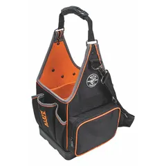 This black polyester tool tote features 20 pockets for organizing hand tools, testers, and small parts. It measures 8-3/4 inches wide by 8-3/4 inches deep by 10 inches high. Suitable for carrying tools on job sites, in warehouses, or during maintenance tasks.