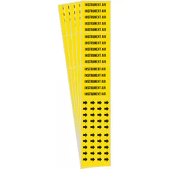 Yellow adhesive pipe markers with black legend reading 'Instrument Air' and flow-direction arrows. Each pack contains 5 markers (3 per pack) for pipes with outer diameter of 3/4 inch and smaller. Used to identify compressed air lines for instrumentation and controls in industrial facilities.
