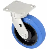 This swivel plate caster features a gray rubber wheel with a 6 5/16 in diameter and 2 in width. Designed for medium-duty general-purpose use, it is suitable for carts, racks, and equipment in industrial environments where debris resistance is required
