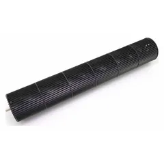 Crossflow forward curve blower wheel with 4 in diameter, 28 11/16 in width, and 4 in bore. Constructed from steel with a clockwise hub end, tabbed center, and single inlet. Used in HVAC equipment for air movement in ventilation systems.