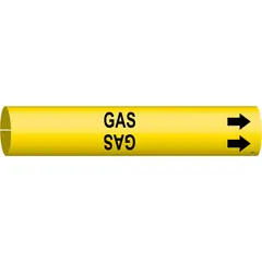 Yellow snap-on pipe marker with black legend reading 'Gas'. Fits pipe outer diameters from 2-1/2 to 3-7/8 inches. Includes directional arrows for flow indication. Used to identify gas lines in industrial piping systems.