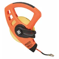 Manual open-reel tape measure with a 165 ft / 50 m fiberglass blade. Features double-sided markings in 1/8 in and 2 mm graduations, a nonmagnetic double hook, and a plastic case. Suitable for measuring long distances in construction, surveying, and industrial layout