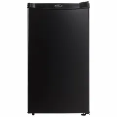 This DANBY mini refrigerator has a total capacity of 3.2 cu ft with a freezer section. It features a solid swing door, two shelves, and semi-automatic defrost. The unit operates on 115V AC and is Energy Star Certified. Suitable for use in dorm rooms, offices, or small apartments.