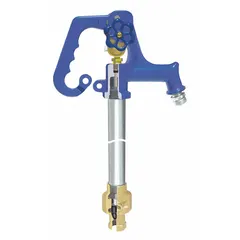 This yard hydrant features a polyester powder coated finish and a galvanized steel rod. It delivers a flow rate of 34 gpm and is designed for a 6 ft bury depth. Commonly used to provide outdoor water access in agricultural and residential settings.