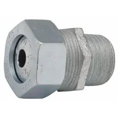 Straight metallic cable grip with steel body and silver finish. Features 1 in MNPT box connection and accepts cord diameters from 0.70 in to 0.85 in. Rated for Class III, Division 1 & 2 hazardous locations. Suitable for use in environments such as textile mills or woodworking facilities where dust or fibers may be present.