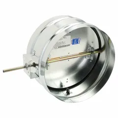 Round manual control damper with 14 in diameter and 14 in length, constructed of steel with a single butterfly blade. Features silicone blade seal, normally open switch action, and includes actuator bracket for ceiling mounting. Supports maximum air velocity of 3000 fpm. Used to regulate airflow in HVAC ductwork where manual adjustment of air volume is required.