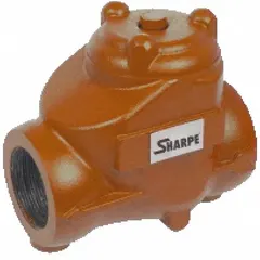 This SHARPE swing check valve features a ductile iron body with FNPSM threaded ends for inline installation. It is designed to prevent backflow in piping systems, allowing flow in one direction only. Suitable for water, wastewater, and industrial process lines requiring reliable reverse-flow prevention.