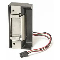 This cylindrical electric strike is constructed of stainless steel and measures 4 7/8 inches in height. It accepts 12/24V AC/DC input and is rated for heavy-duty performance. Commonly used in access control systems to secure cylindrical locksets on commercial and industrial doors, it releases the latch when power is applied for remote entry.
