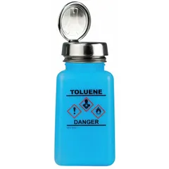 Blue HDPE dispensing bottle with 177.4 mL (6 fl oz) capacity, designed for toluene. Includes a silver dropper closure for controlled drop-by-drop dispensing. Non-sterile. Suitable for solvent handling and precision fluid transfer in laboratory or industrial settings.