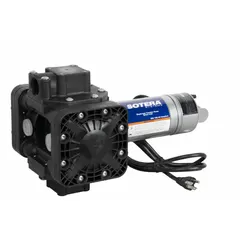Diaphragm drum pump with hose and nozzle for transferring fluids from drums, barrels, or containers. Polypropylene construction. 1/4 hp motor, 115 V AC, 13 gpm flow rate.