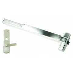 Rim-type exit device with touchbar style for doors up to 3 ft wide. Chrome finish with lever outside trim. ADA compliant. Suitable for commercial and industrial egress applications requiring code-compliant panic hardware.