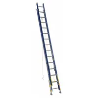 This two-section fiberglass extension ladder has a 28 ft reach and a 300 lb load capacity. It includes leg levelers for stable positioning on uneven surfaces and a removable fly section. The non-conductive rails provide electrical safety for general industrial and construction access tasks