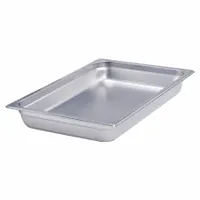 Half-size steam table inset pan made of 22-gauge stainless steel with 4-inch overall depth. NSF Certified for foodservice sanitation. Not dishwasher safe