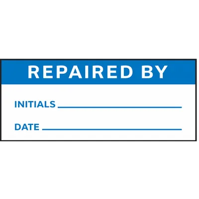STRANCO Inspection Label: Repaired By, 1 1/2 in Wd, 5/8 in Ht, Blue/White, Rectangle - Safety