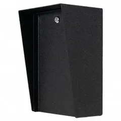 Black powder-coated carbon steel cover housing for gate operator access control devices. Overall height 12 in, dimensions 6 in x 8 in. Includes EPDM rubber seal for weather resistance. Accommodates card readers in outdoor access control systems.